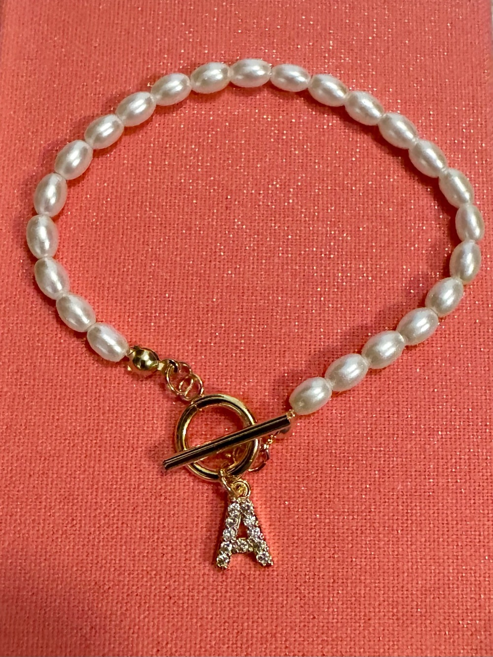 Freshwater Pearl Bracelet with Gold Initial A Charm - White & Gold